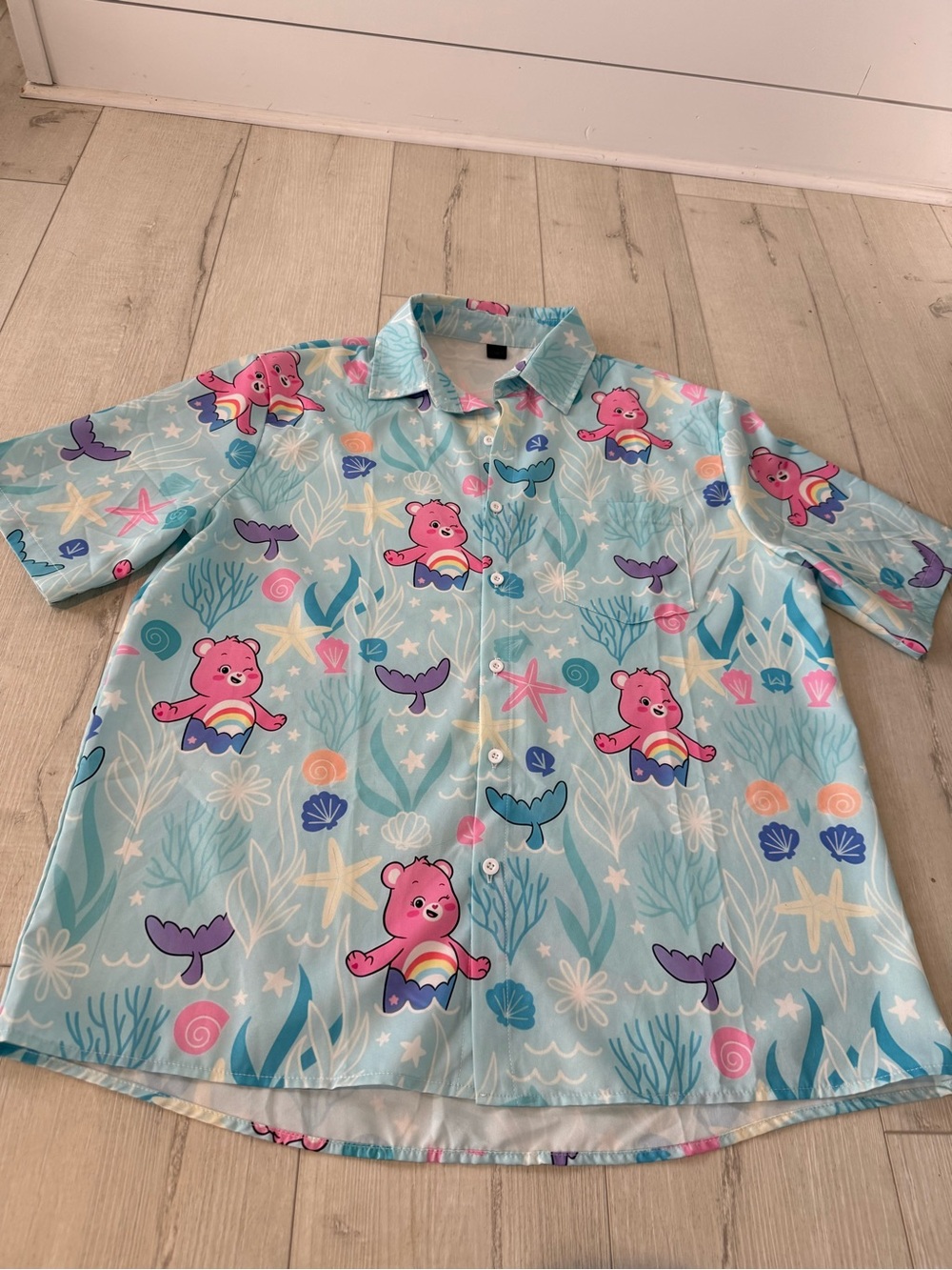 Light Aqua Short-Sleeve Button-Down Shirt with Pink CareBear Print